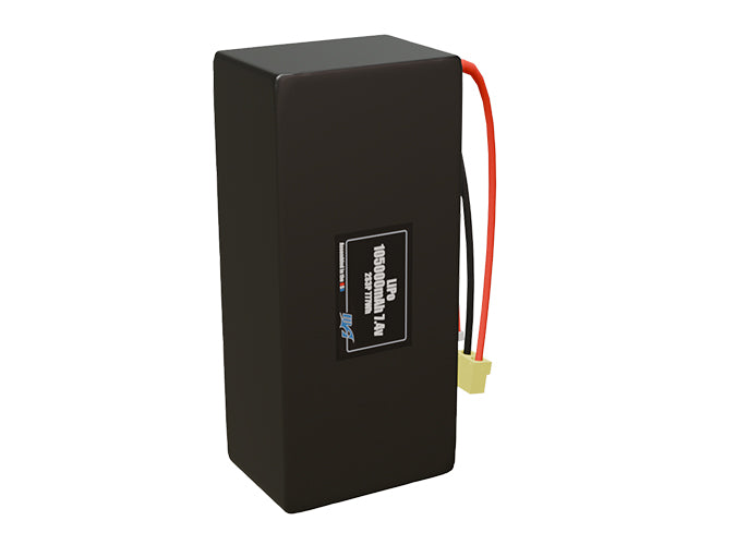 Side-angle render of a 7.4-volt 105000mAh lithium-polymer battery, assembled in the USA for compact UAV, drone, and military robotics platforms.