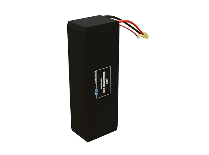 Side-angle render of a 7.4-volt 10900mAh lithium-polymer battery, assembled in the USA for compact UAV, drone, and military robotics platforms.