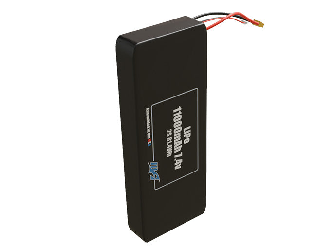 Side-angle render of a 7.4-volt 11000mAh lithium-polymer battery, assembled in the USA for compact UAV, drone, and military robotics platforms.