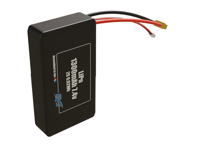 Side-angle render of a 7.4-volt 1300mAh lithium-polymer battery, assembled in the USA for compact UAV, drone, and military robotics platforms.