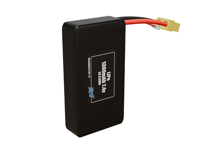 Side-angle render of a 7.4-volt 1300mAh lithium-polymer battery, assembled in the USA for compact UAV, drone, and military robotics platforms.