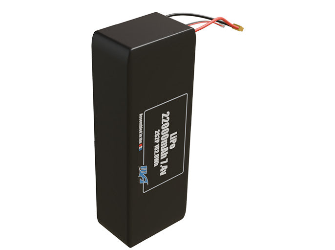 Side-angle render of a 7.4-volt 22000mAh lithium-polymer battery, assembled in the USA for compact UAV, drone, and military robotics platforms.