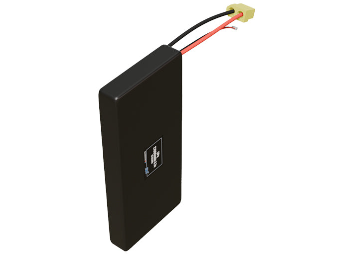Side-angle render of a 7.4-volt 27000mAh lithium-polymer battery, assembled in the USA for compact UAV, drone, and military robotics platforms.