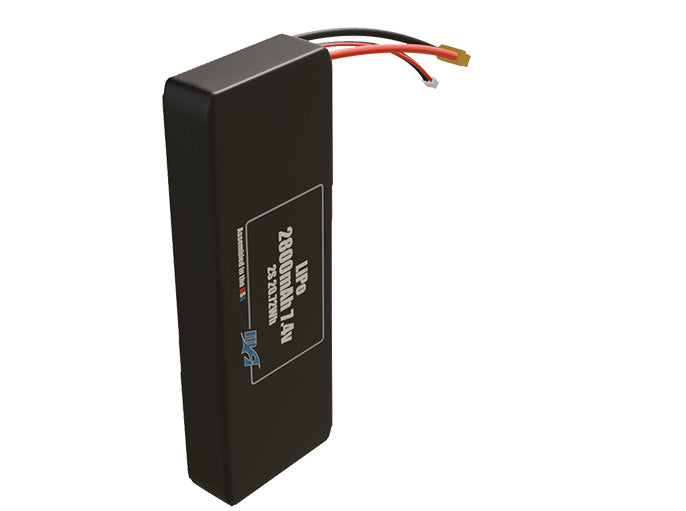 Side-angle render of a 7.4-volt 2800mAh lithium-polymer battery, assembled in the USA for compact UAV, drone, and military robotics platforms.