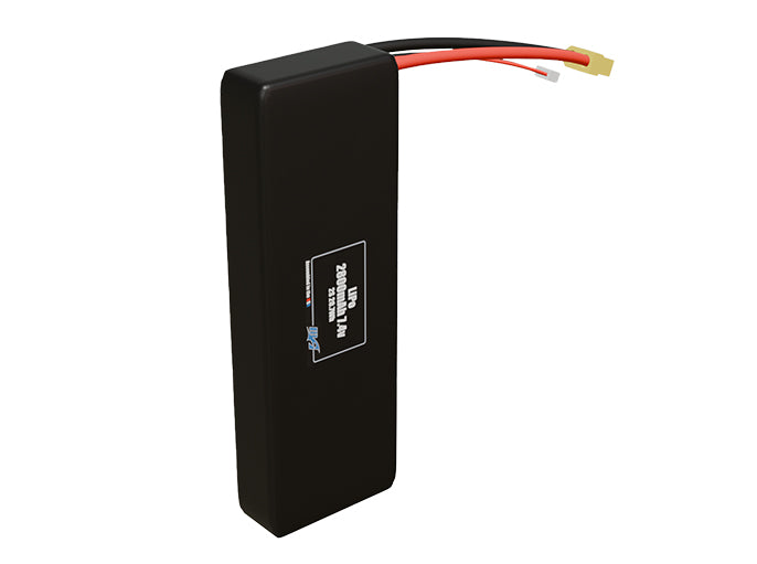 Side-angle render of a 7.4-volt 2800mAh lithium-polymer battery, assembled in the USA for compact UAV, drone, and military robotics platforms.
