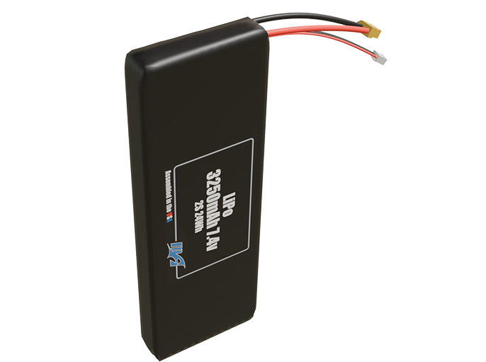 Side-angle render of a 7.4-volt 3250mAh lithium-polymer battery, assembled in the USA for compact UAV, drone, and military robotics platforms.
