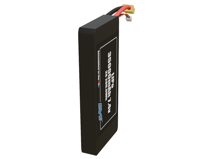 Side-angle render of a 7.4-volt 35000mAh lithium-polymer battery, assembled in the USA for compact UAV, drone, and military robotics platforms.