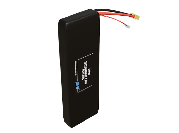 Side-angle render of a 7.4-volt 3750mAh lithium-polymer battery, assembled in the USA for compact UAV, drone, and military robotics platforms.
