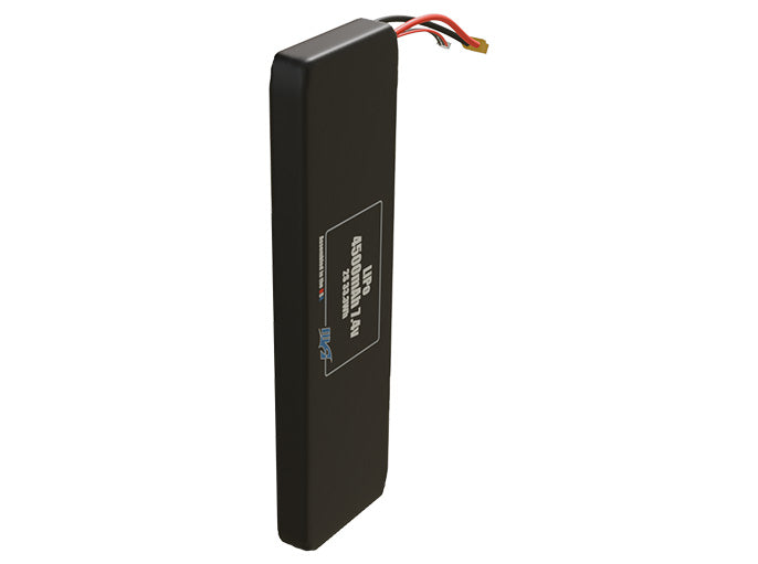 Side-angle render of a 7.4-volt 4500mAh lithium-polymer battery, assembled in the USA for compact UAV, drone, and military robotics platforms.