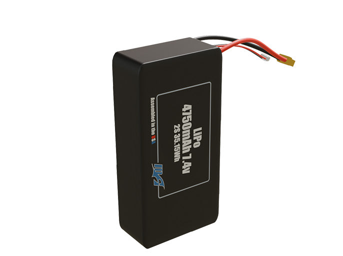 Side-angle render of a 7.4-volt 4750mAh lithium-polymer battery, assembled in the USA for compact UAV, drone, and military robotics platforms.