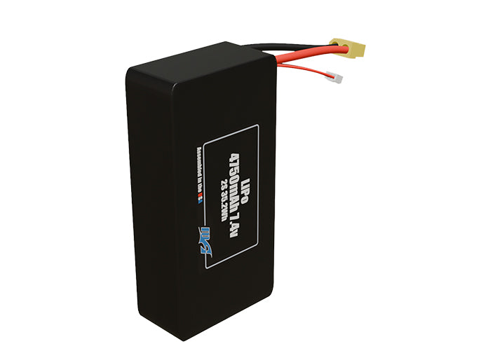 Side-angle render of a 7.4-volt 4750mAh lithium-polymer battery, assembled in the USA for compact UAV, drone, and military robotics platforms.