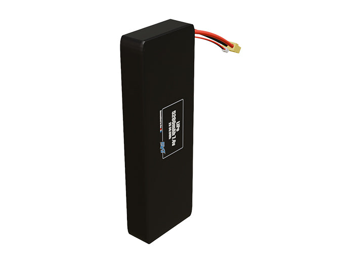 Side-angle render of a 7.4-volt 5200mAh lithium-polymer battery, assembled in the USA for compact UAV, drone, and military robotics platforms.