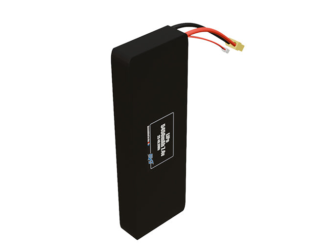 Side-angle render of a 7.4-volt 5450mAh lithium-polymer battery, assembled in the USA for compact UAV, drone, and military robotics platforms.