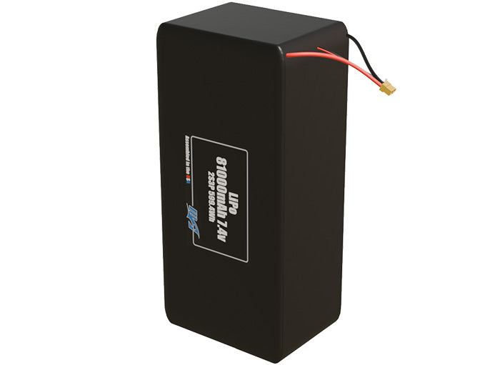 Side-angle render of a 7.4-volt 81000mAh lithium-polymer battery, assembled in the USA for compact UAV, drone, and military robotics platforms.