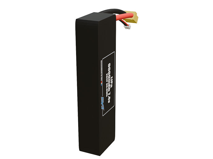 Side-angle render of a 7.4-volt 9000mAh lithium-polymer battery, assembled in the USA for compact UAV, drone, and military robotics platforms.