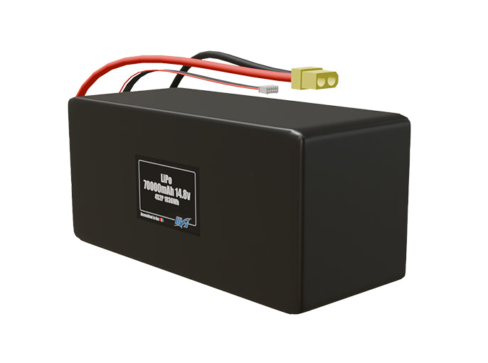 Angled product render of the 70000mAh 8-cell LiPo pack. A lightweight energy source for UAV, drone, and robotic builds.