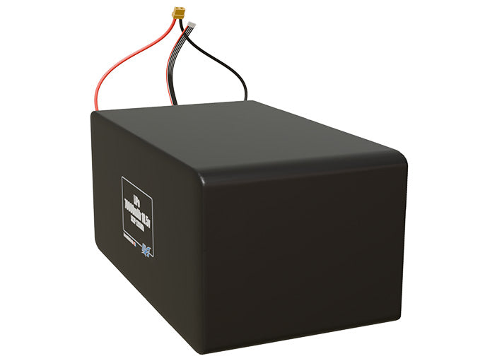 Angled product render of the 70000mAh 10-cell LiPo pack. A lightweight energy source for UAV, drone, and robotic builds.