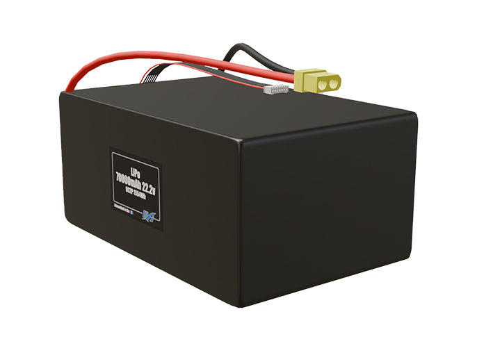 Angled product render of the 70000mAh 12-cell LiPo pack. A lightweight energy source for UAV, drone, and robotic builds.