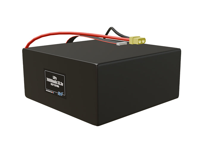 Angled product render of the 70000mAh 18-cell LiPo pack. A lightweight energy source for UAV, drone, and robotic builds.