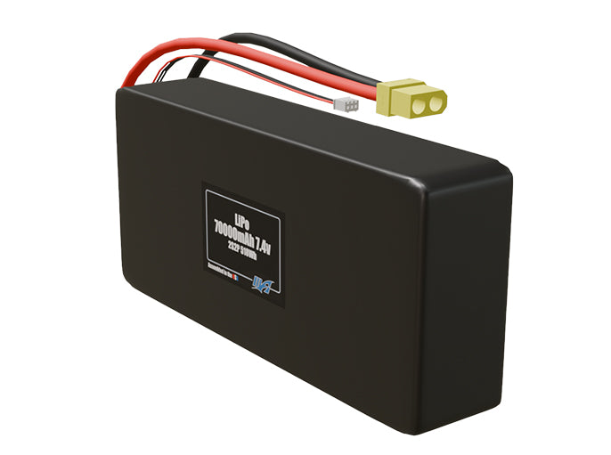 Angled product render of the 70000mAh 4-cell LiPo pack. A lightweight energy source for UAV, drone, and robotic builds.