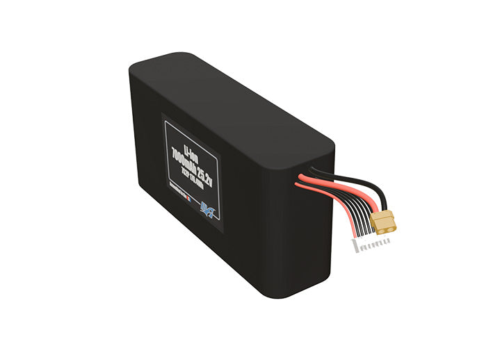 Angled product render of the 7000mAh fourteen-cell Li-ion pack. A lightweight energy source for UAV, drone, and robotic builds.