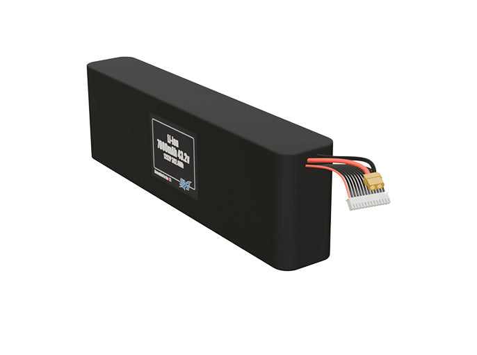 Angled product render of the 7000mAh twenty-four-cell Li-ion pack. A lightweight energy source for UAV, drone, and robotic builds.
