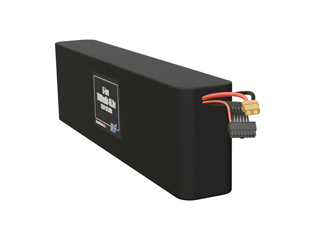 Angled product render of the 7000mAh twenty-six-cell Li-ion pack. A lightweight energy source for UAV, drone, and robotic builds.