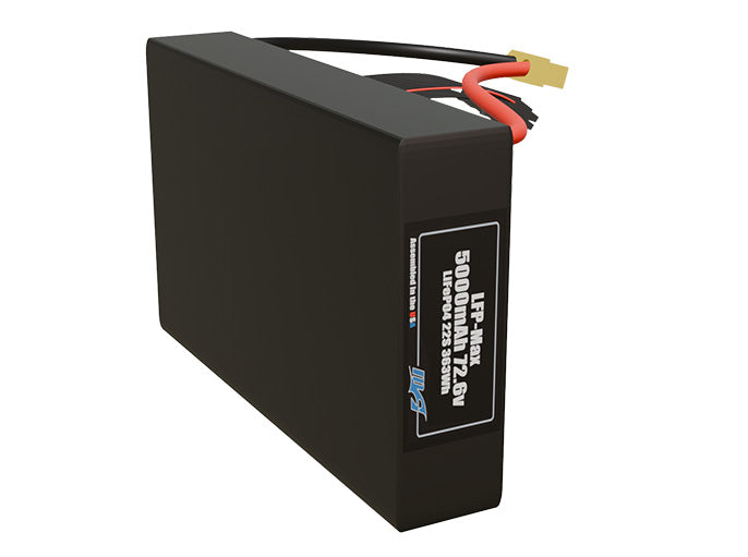 Side-angle render of a 72.6-volt 5000mAh lithium-iron-phosphate battery, assembled in the USA for compact UAV, drone, and military robotics platforms.