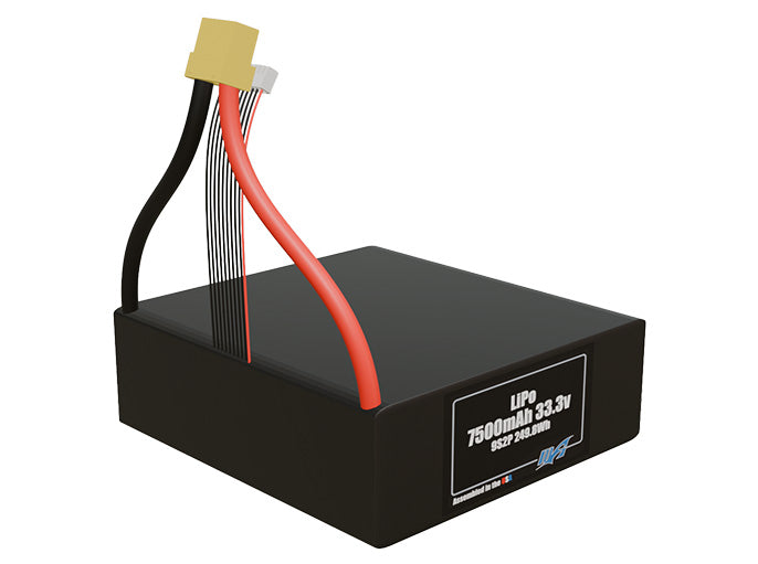 Angled product render of the 7500mAh eighteen-cell LiPo pack. A lightweight energy source for UAV, drone, and robotic builds.