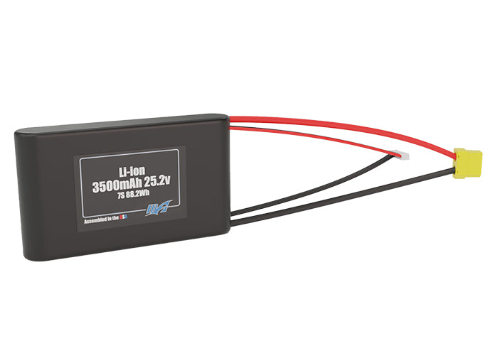 Front-facing render of the 25.2V 3500mAh 7S Li-ion battery, assembled in the USA by maxamps, for drone and robotics applications.