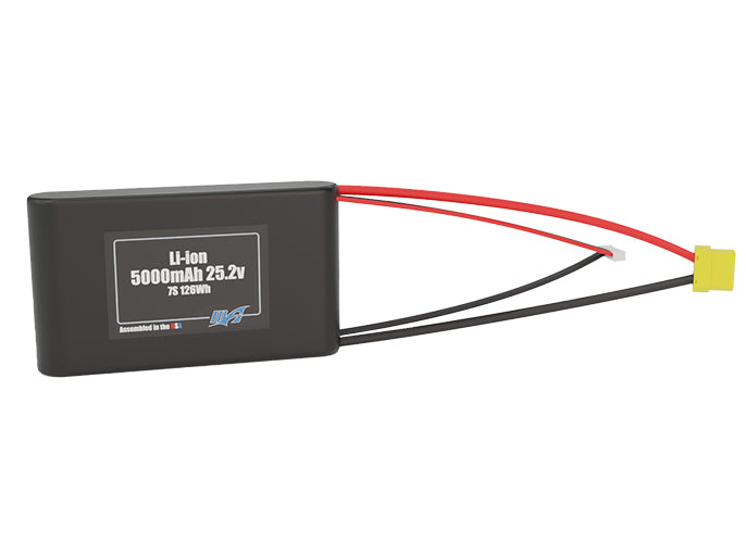 Front-facing render of the 25.2V 5000mAh 7S Li-ion battery, assembled in the USA by maxamps, for drone and robotics applications.