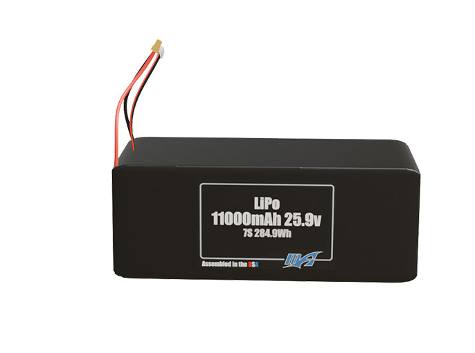 Front-facing render of the 25.9V 11000mAh 7S LiPo battery, assembled in the USA by maxamps, for drone and robotics applications.