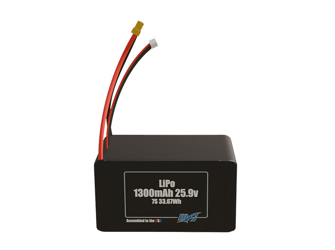 Front-facing render of the 25.9V 1300mAh 7S LiPo battery, assembled in the USA by maxamps, for drone and robotics applications.