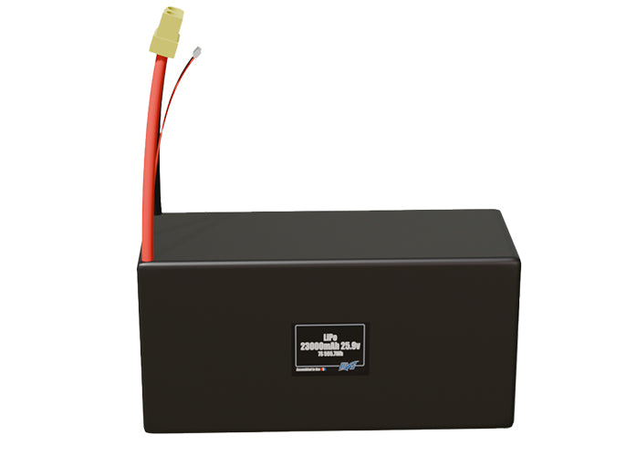 Front-facing render of the 25.9V 23000mAh 8S LiPo battery, assembled in the USA by maxamps, for drone and robotics applications.