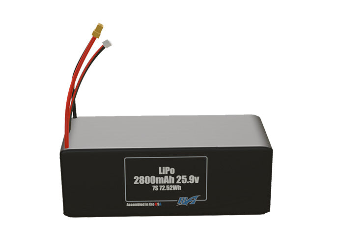 Front-facing render of the 25.9V 2800mAh 7S LiPo battery, assembled in the USA by maxamps, for drone and robotics applications.