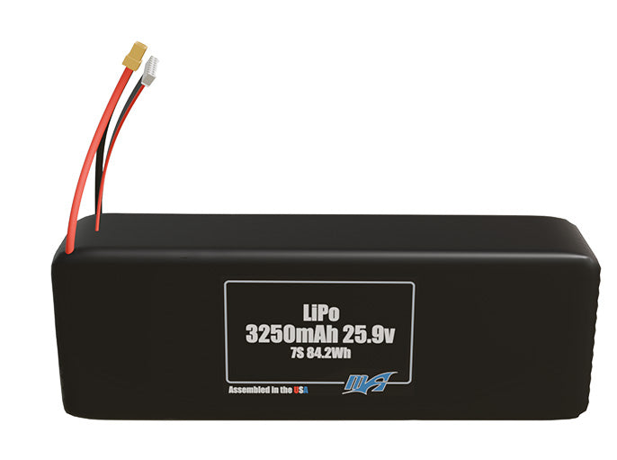 Front-facing render of the 25.9V 3250mAh 7S LiPo battery, assembled in the USA by maxamps, for drone and robotics applications.