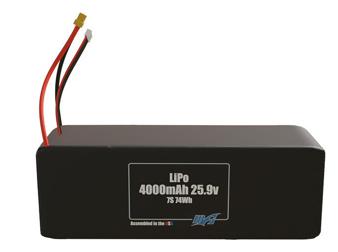 Front-facing render of the 25.9V 4000mAh 7S LiPo battery, assembled in the USA by maxamps, for drone and robotics applications.