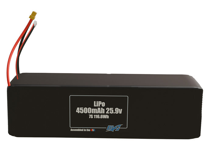 Front-facing render of the 25.9V 4500mAh 7S LiPo battery, assembled in the USA by maxamps, for drone and robotics applications.