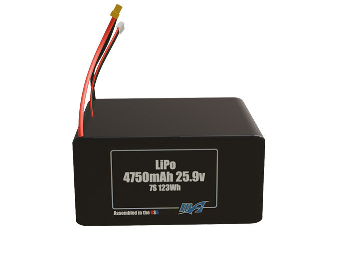 Front-facing render of the 25.9V 4750mAh 7S LiPo battery, assembled in the USA by maxamps, for drone and robotics applications.