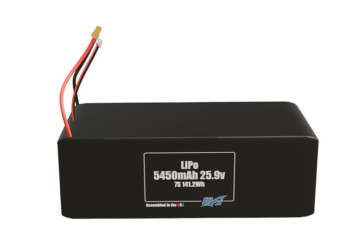 Front-facing render of the 25.9V 5450mAh 7S LiPo battery, assembled in the USA by maxamps, for drone and robotics applications.