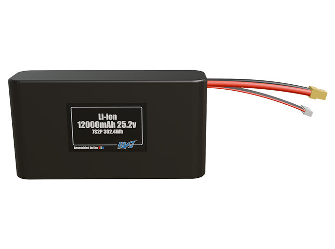Front-facing render of the 25.2V 12000mAh 7S2P Li-ion battery, assembled in the USA by maxamps, for drone and robotics applications.