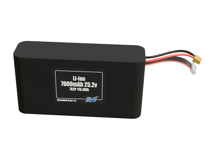 Front-facing render of the 25.2V 7000mAh 7S2P Li-ion battery, assembled in the USA by maxamps, for drone and robotics applications.