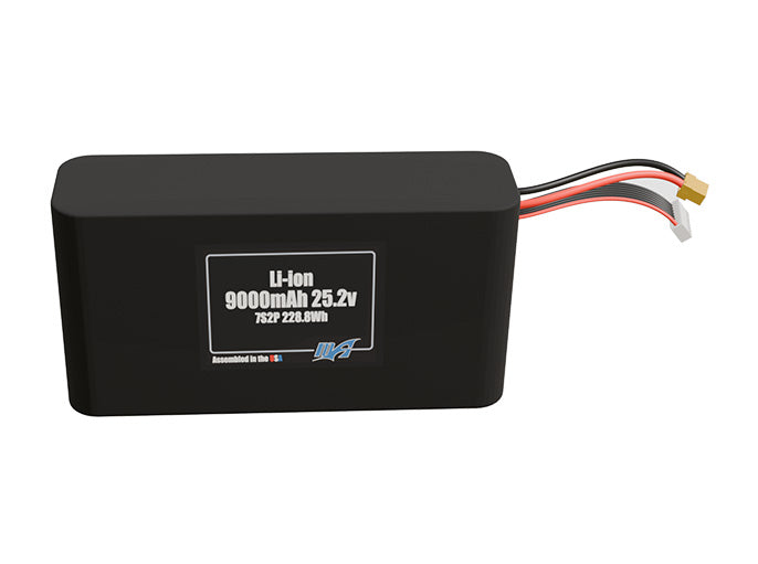 Front-facing render of the 25.2V 9000mAh 7S2P Li-ion battery, assembled in the USA by maxamps, for drone and robotics applications.