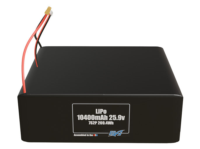 Front-facing render of the 25.9V 10400mAh 7S2P LiPo battery, assembled in the USA by maxamps, for drone and robotics applications.