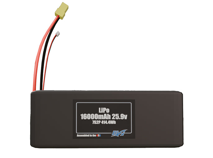 Front-facing render of the 25.9V 16000mAh 7S2P LiPo battery, assembled in the USA by maxamps, for drone and robotics applications.