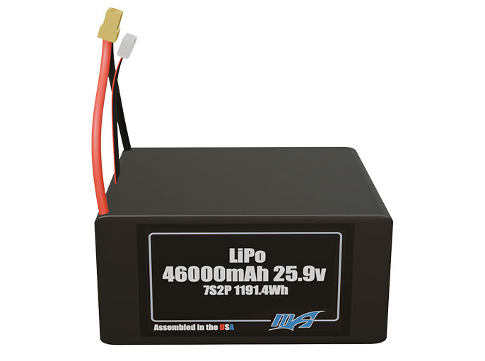 Front-facing render of the 25.9V 46000mAh 7S2P LiPo battery, assembled in the USA by maxamps, for drone and robotics applications.