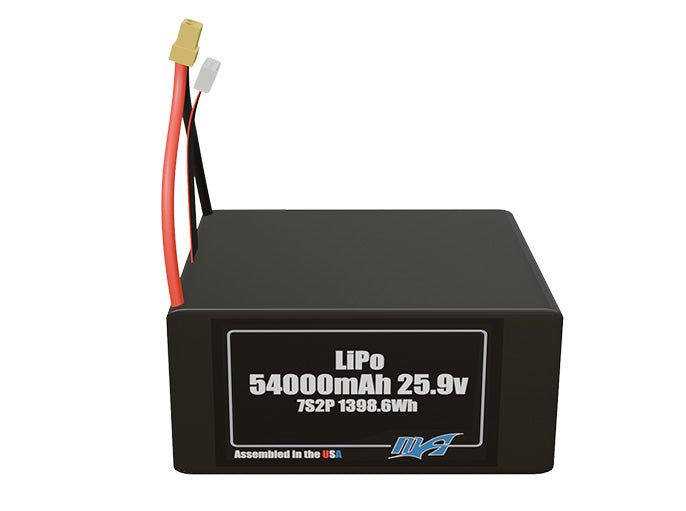 Front-facing render of the 25.9V 54000mAh 7S2P LiPo battery, assembled in the USA by maxamps, for drone and robotics applications.