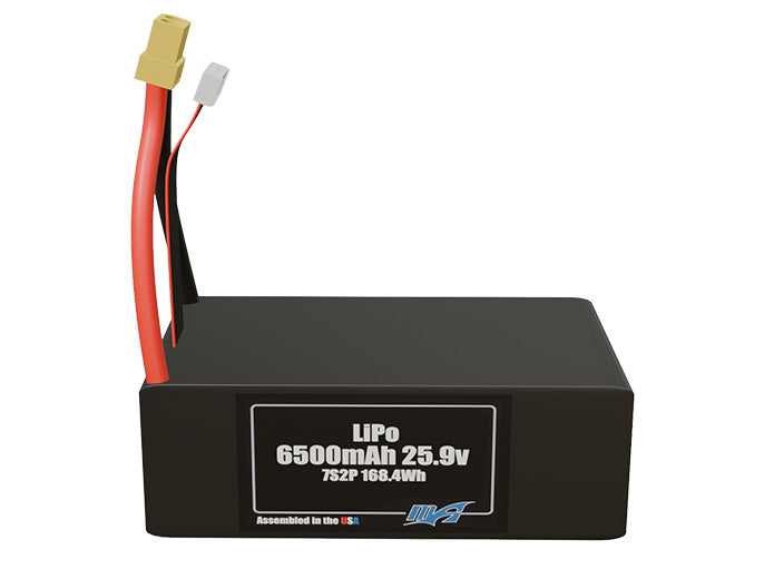 Front-facing render of the 25.9V 6500mAh 7S2P LiPo battery, assembled in the USA by maxamps, for drone and robotics applications.