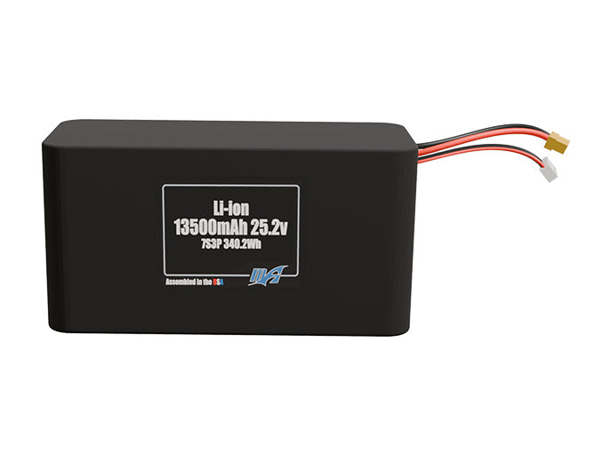 Front-facing render of the 25.2V 13500mAh 7S3P Lithium-Ion battery, assembled in the USA by maxamps, for drone and robotics applications.