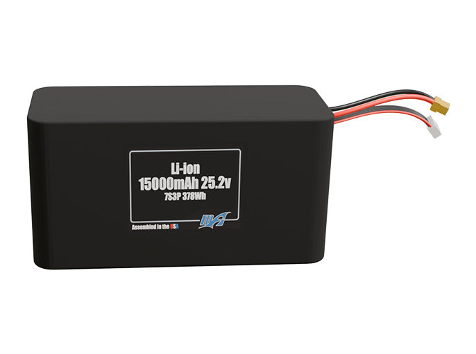 Front-facing render of the 25.2V 15000mAh 7S3P Lithium-Ion battery, assembled in the USA by maxamps, for drone and robotics applications.